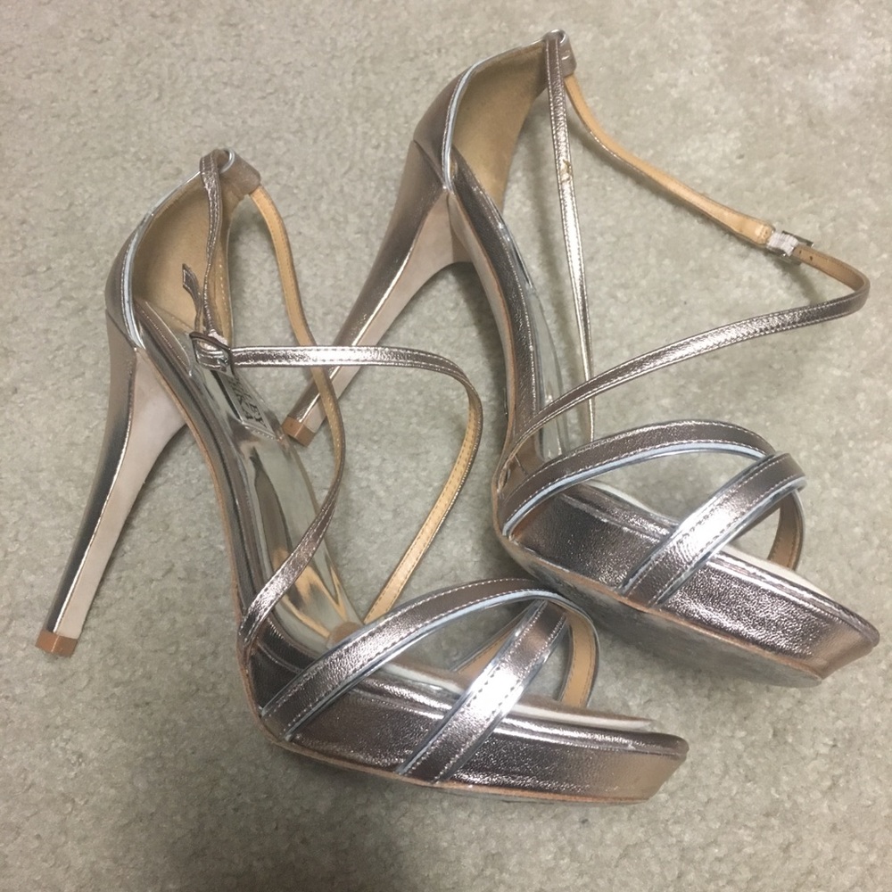 Badgley Mischka rose gold strappy heel.